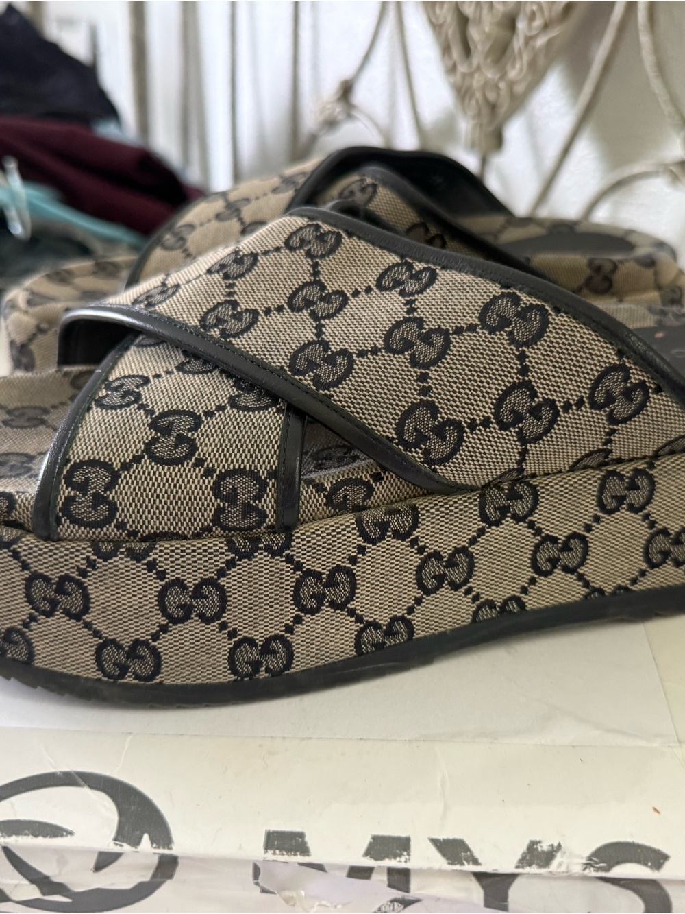 Excellent Preowned Condition Authentic Gucci Monogram Cross-Strap Wedge Slides - Picture 6 of 16